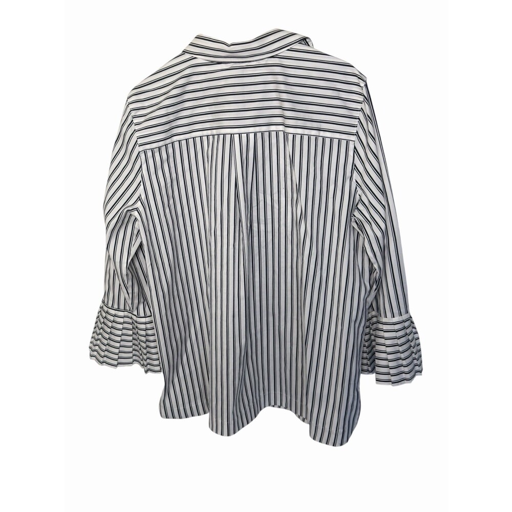 Chicos Size 2 White Navy/Grey Stripe Ruffle Cuff Blouse Open Collar EUC - Picture 2 of 6